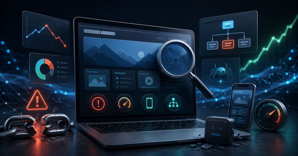 Errores SEO más comunes — composición visual con métricas, lupa de análisis, alertas y dashboards
